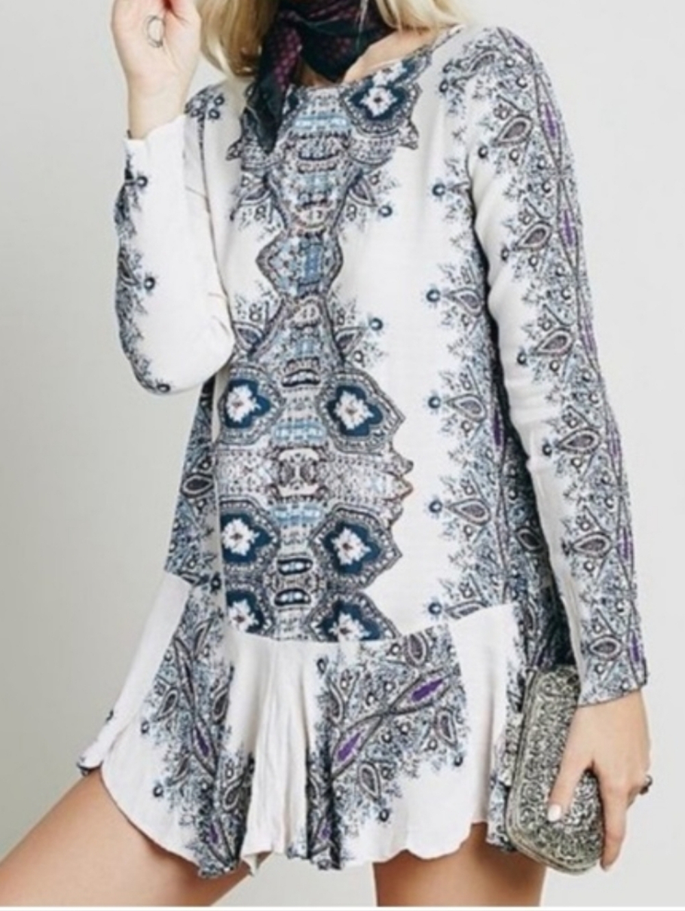 Free People White Paisley Print Long Sleeve Mini Dress